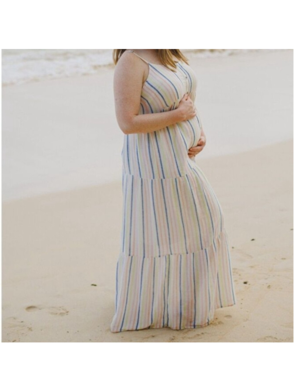 Splendid Maxi Maternity Striped Tiered Linen-Blend Dress Large